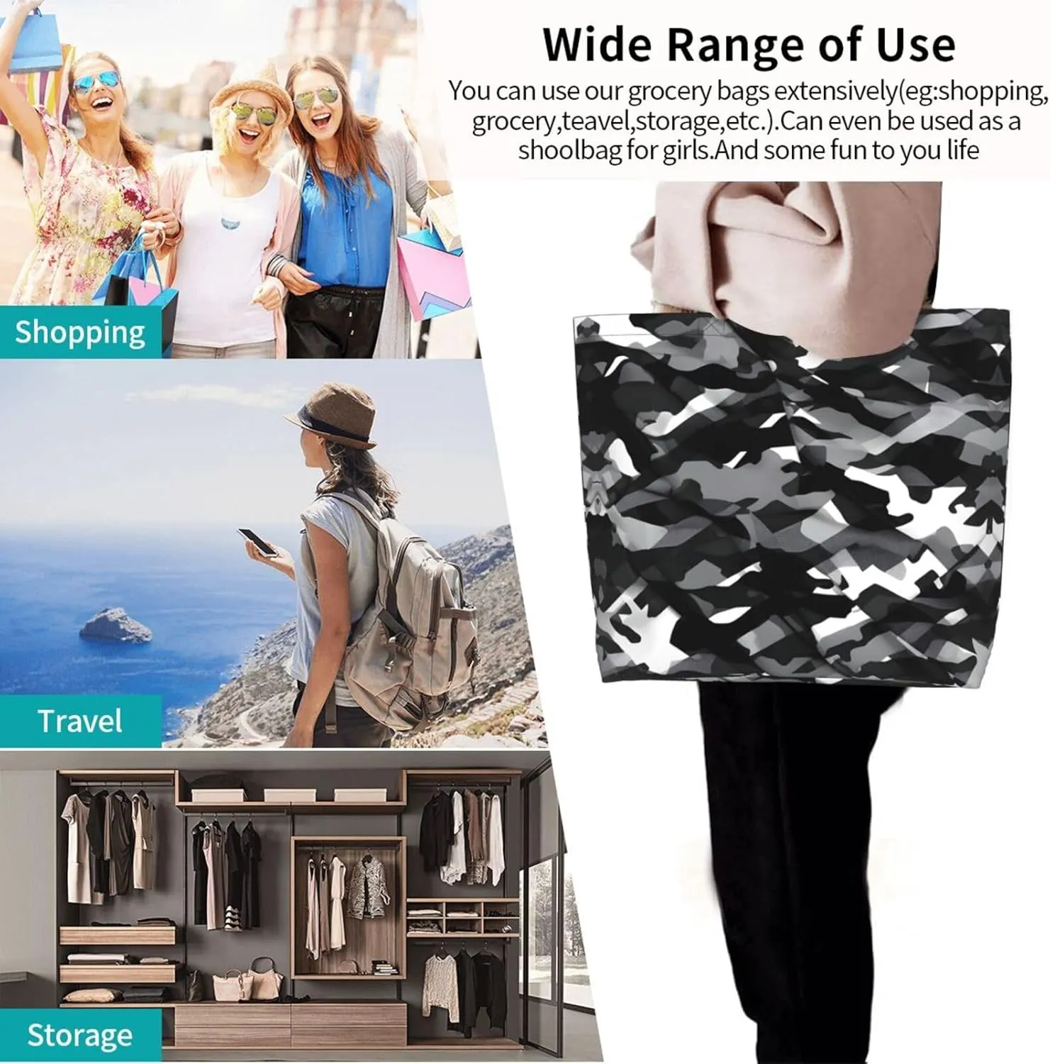 Black White Glitter Print Shoulder Bag For Women Shopping Bags Tote Bag Large Storage Handbag Grocery Bags