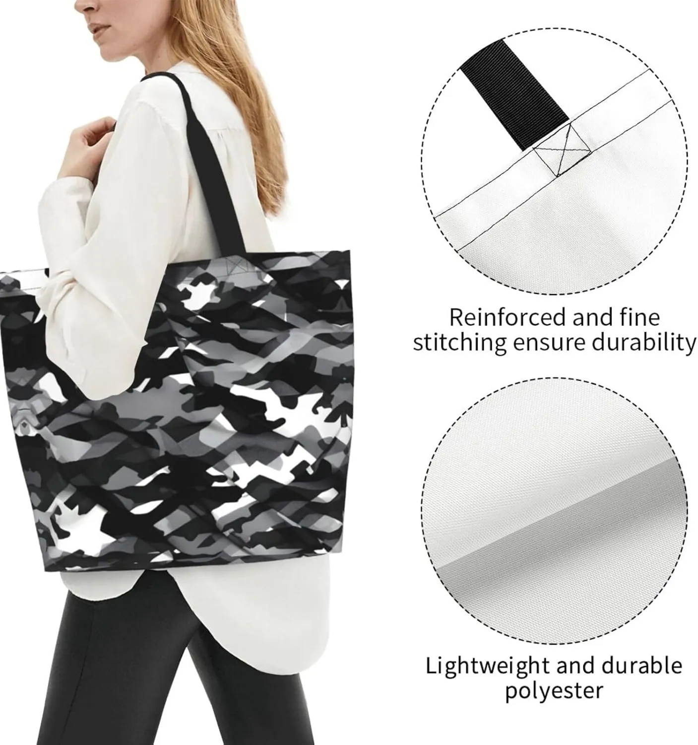 Black White Glitter Print Shoulder Bag For Women Shopping Bags Tote Bag Large Storage Handbag Grocery Bags
