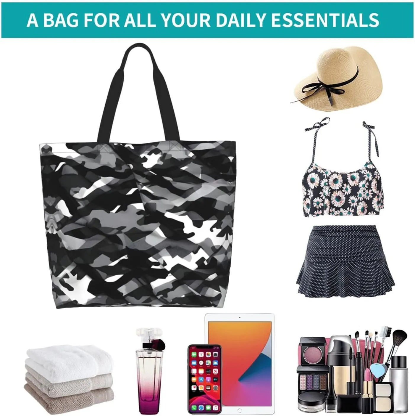 Black White Glitter Print Shoulder Bag For Women Shopping Bags Tote Bag Large Storage Handbag Grocery Bags