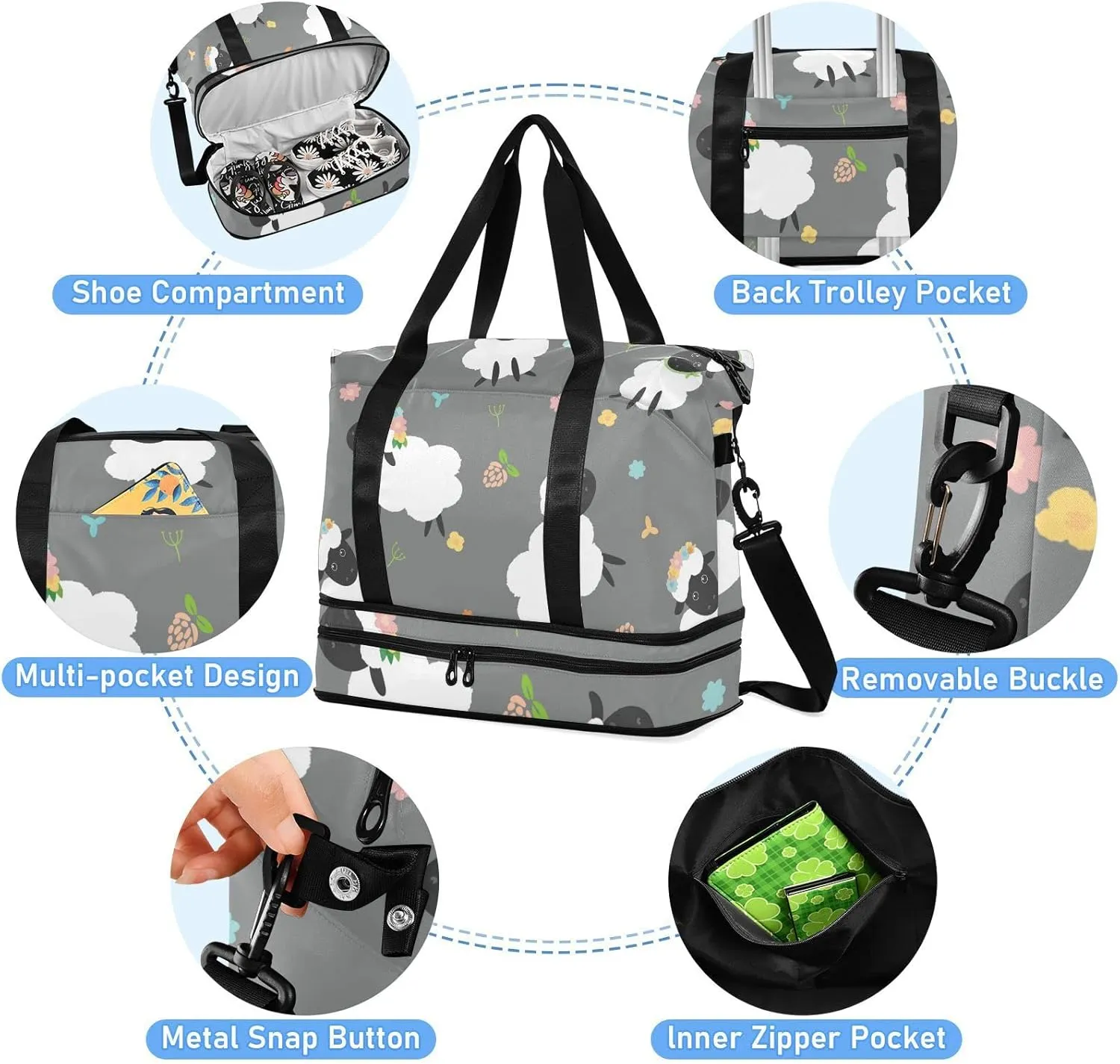 Black White Sheep Lambs Wild Flowers on a Dark Gray Background Gym Duffel Bag, Polyester Travel Weekender Luggage Handbag with Waterproof Pocket for Wet Items, Unisex Foldable Tote for Sports