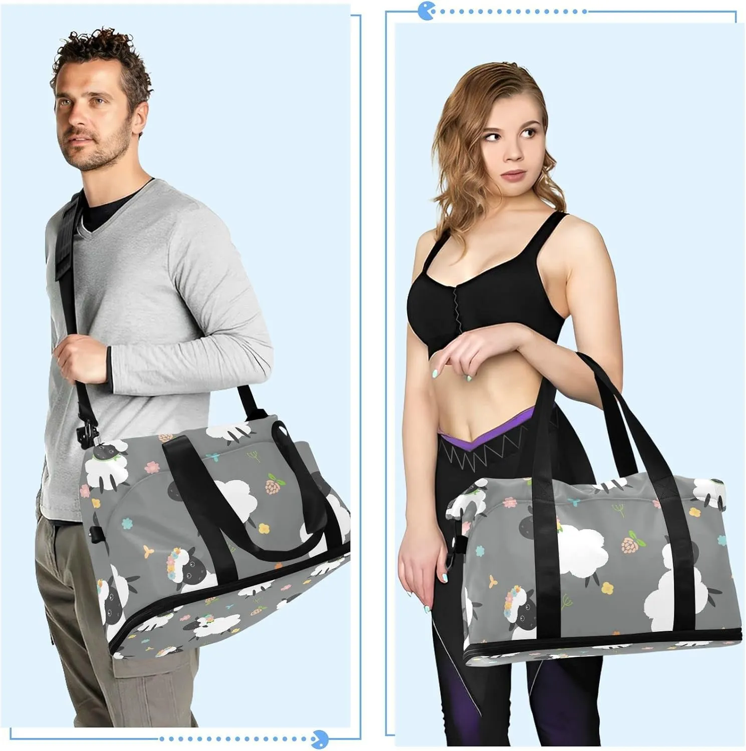 Black White Sheep Lambs Wild Flowers on a Dark Gray Background Gym Duffel Bag, Polyester Travel Weekender Luggage Handbag with Waterproof Pocket for Wet Items, Unisex Foldable Tote for Sports