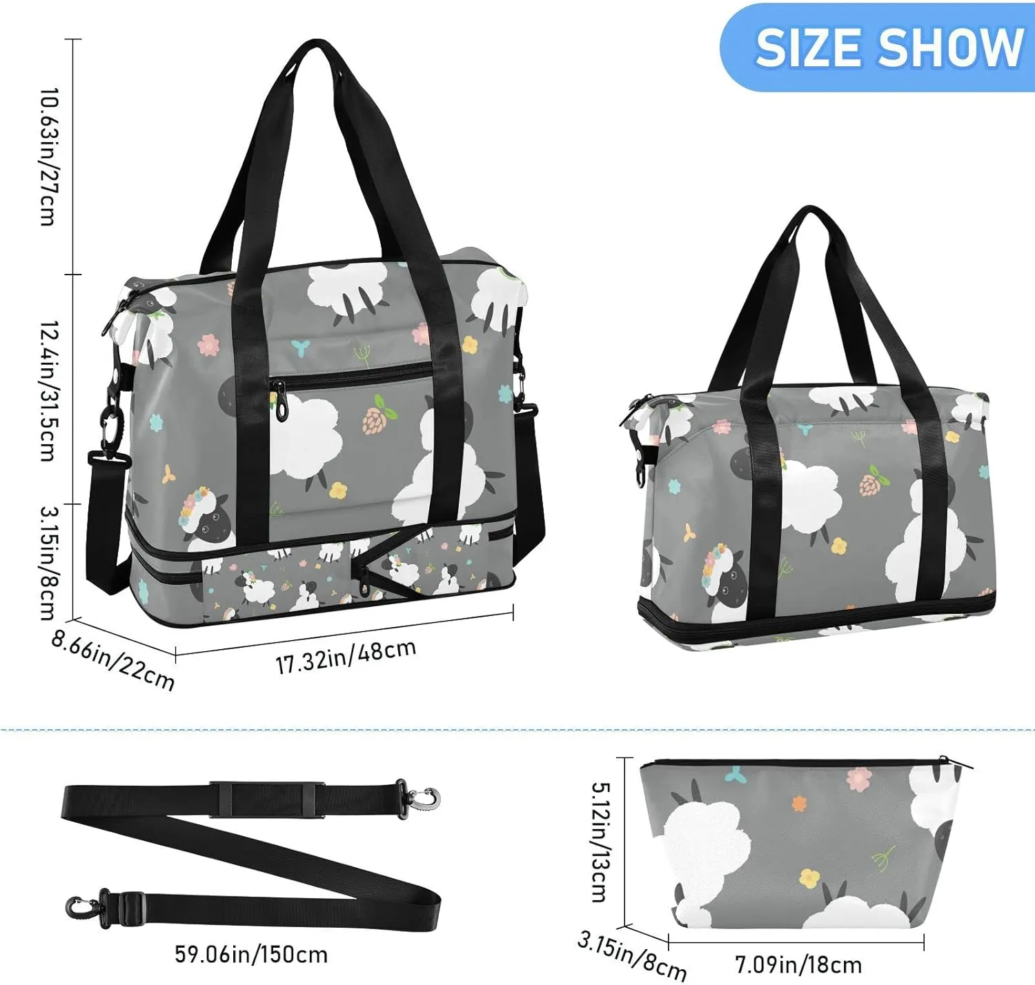 Black White Sheep Lambs Wild Flowers on a Dark Gray Background Gym Duffel Bag, Polyester Travel Weekender Luggage Handbag with Waterproof Pocket for Wet Items, Unisex Foldable Tote for Sports