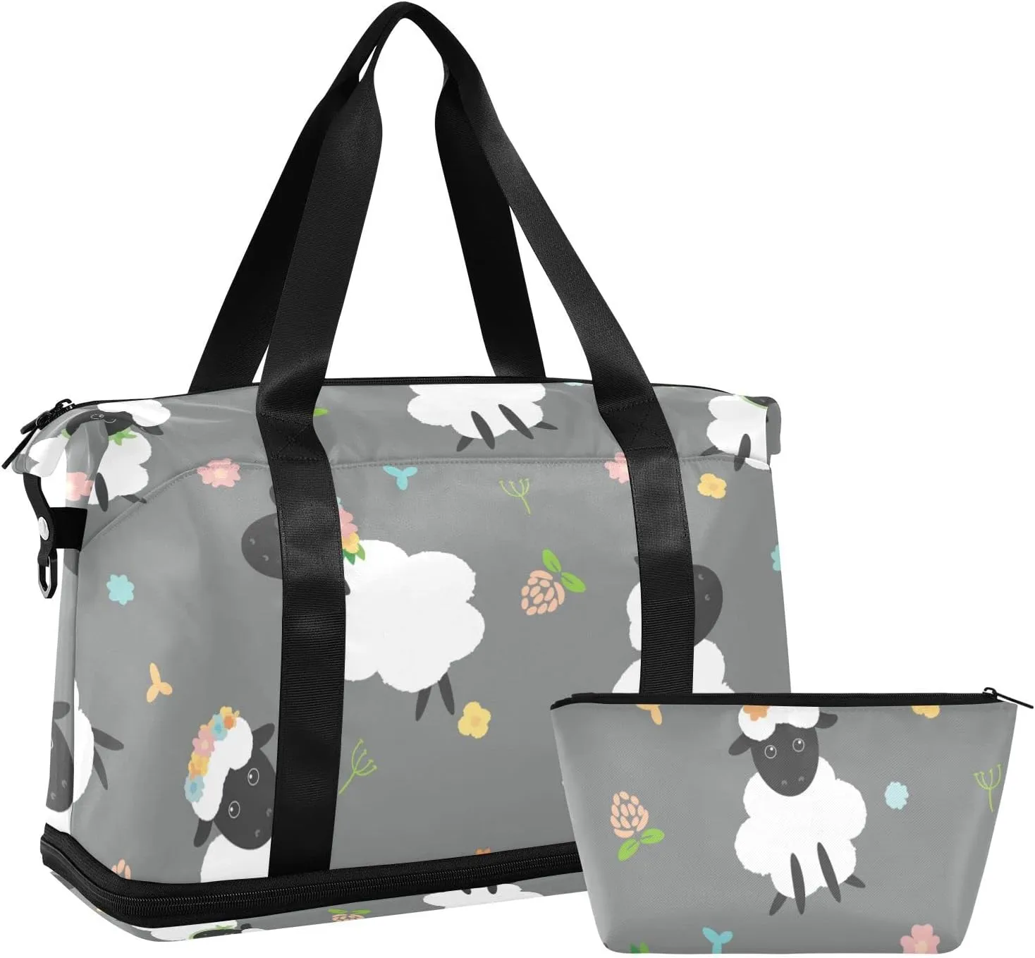 Black White Sheep Lambs Wild Flowers on a Dark Gray Background Gym Duffel Bag, Polyester Travel Weekender Luggage Handbag with Waterproof Pocket for Wet Items, Unisex Foldable Tote for Sports