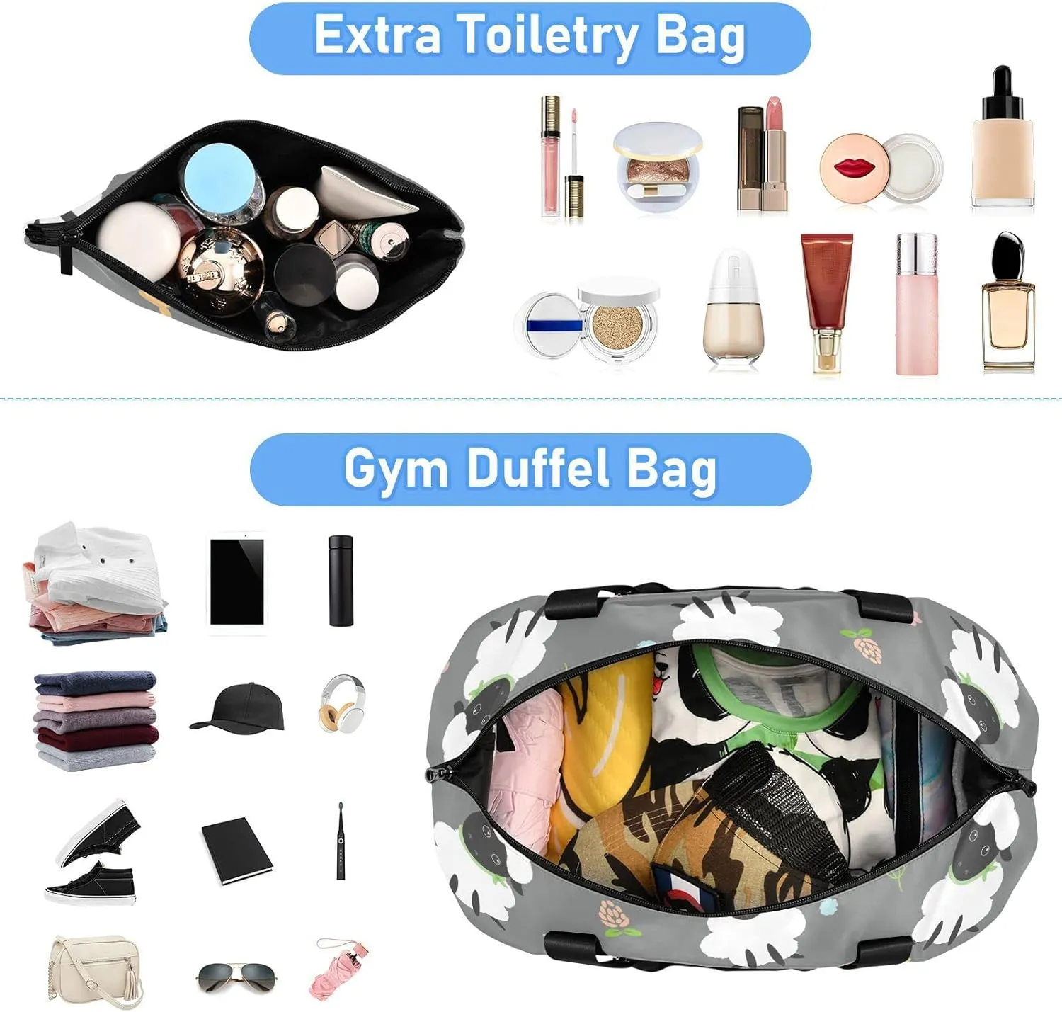 Black White Sheep Lambs Wild Flowers on a Dark Gray Background Gym Duffel Bag, Polyester Travel Weekender Luggage Handbag with Waterproof Pocket for Wet Items, Unisex Foldable Tote for Sports