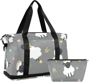Black White Sheep Lambs Wild Flowers on a Dark Gray Background Gym Duffel Bag, Polyester Travel Weekender Luggage Handbag with Waterproof Pocket for Wet Items, Unisex Foldable Tote for Sports