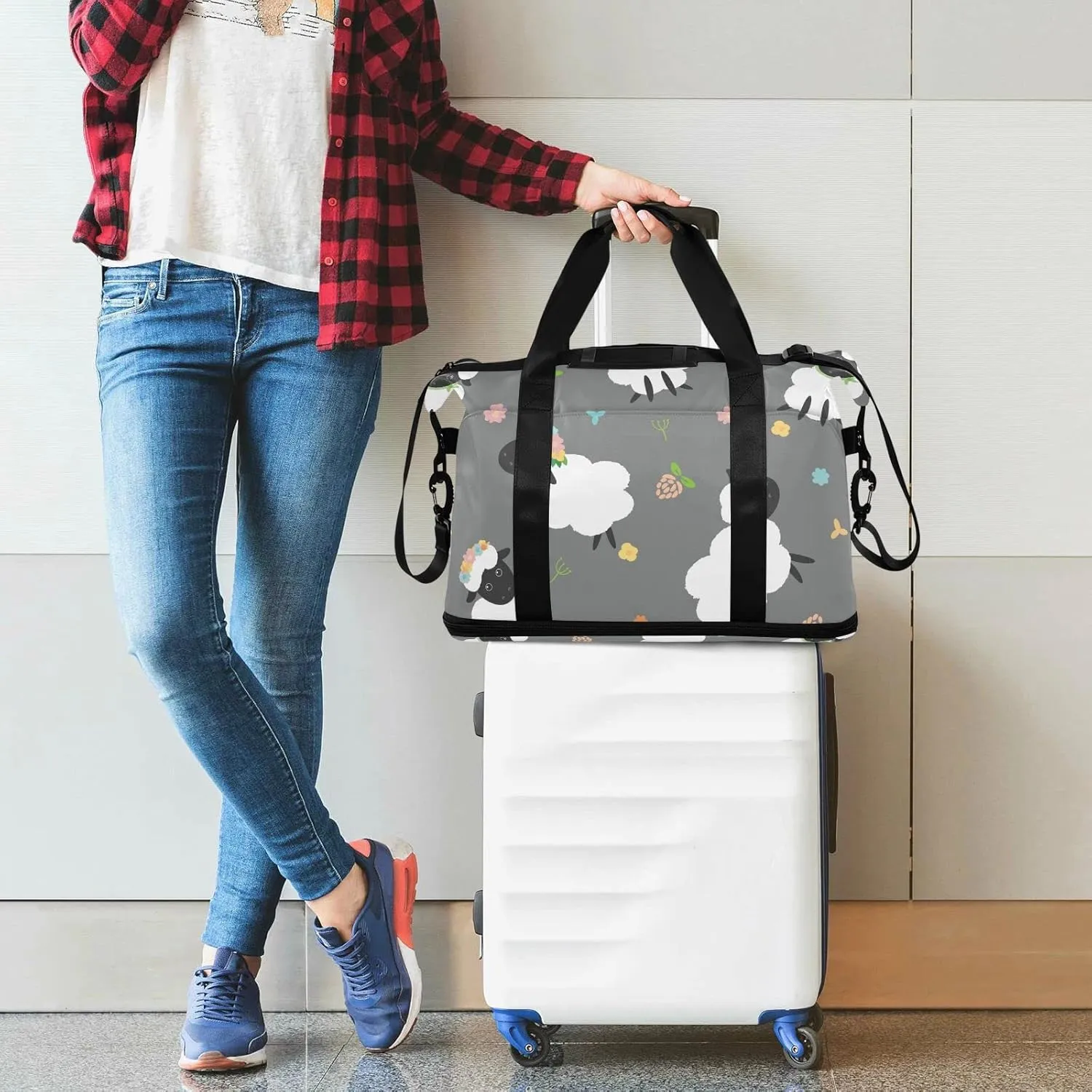 Black White Sheep Lambs Wild Flowers on a Dark Gray Background Gym Duffel Bag, Polyester Travel Weekender Luggage Handbag with Waterproof Pocket for Wet Items, Unisex Foldable Tote for Sports