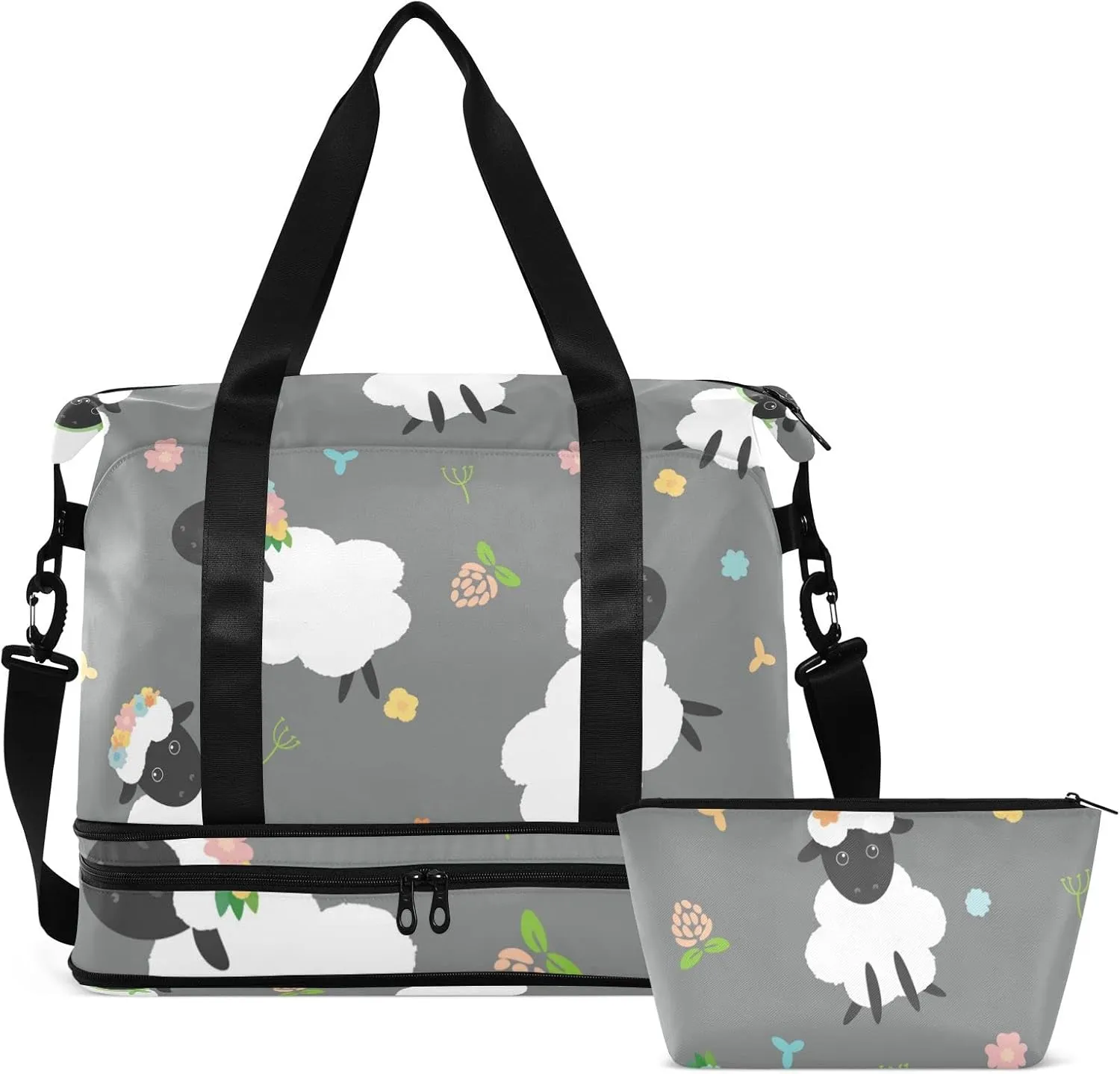 Black White Sheep Lambs Wild Flowers on a Dark Gray Background Gym Duffel Bag, Polyester Travel Weekender Luggage Handbag with Waterproof Pocket for Wet Items, Unisex Foldable Tote for Sports