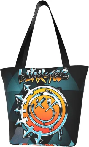 Blink Classic Rock 182 Reusable Grocery Bag Shopping Bags Tote Bags with Zipper Woman Shoulder Bag for Gym Storage Bag Portable Daily Bag Large Capacity Handbag for Kitchen