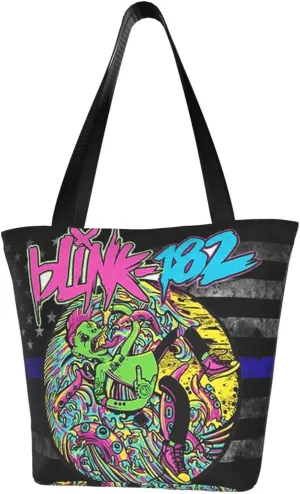 Blink Classic Rock 182 Reusable Grocery Bag Shopping Bags Tote Bags with Zipper Women Shoulder Bag for Travel Storage Bag Beautiful Daily Bag Large Capacity Handbag for Kitchen, Black