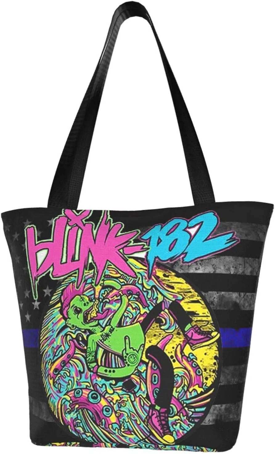 Blink Classic Rock 182 Reusable Grocery Bag Shopping Bags Tote Bags with Zipper Women Shoulder Bag for Travel Storage Bag Beautiful Daily Bag Large Capacity Handbag for Kitchen, Black