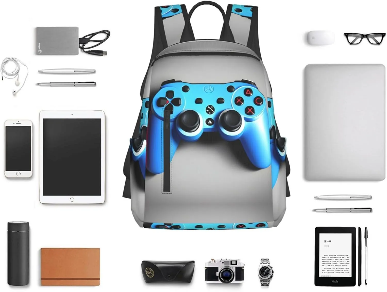 Blue Game Controller print Lightweight Laptop Backpack Travel Daypack Bookbag for Women Men for Travel Work