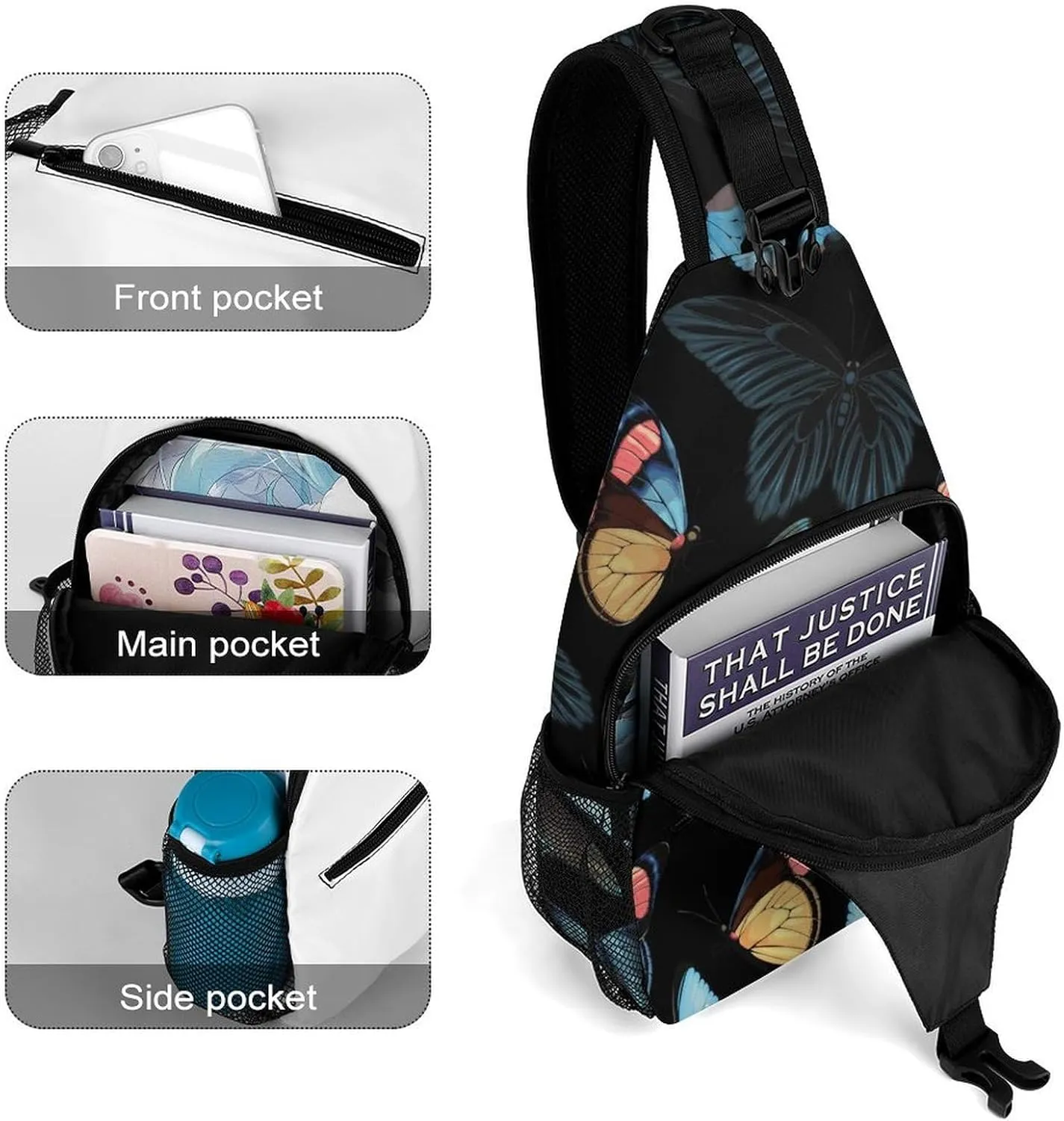Blue-yellow-butterflies Crossbody Sling Bag for Women Men Travel Chest Bag, Cycling Shoulder Backpack