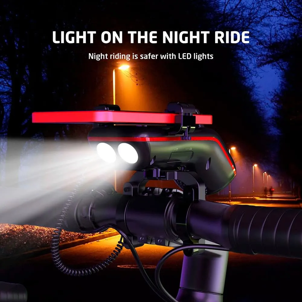 Bluetooth Speaker Bicycle, Multifunctional Bike Phone Holder 10-in-1- LED Light - Power Bank - Bike Horn - Microphone - Ideal for Road & Mountain Bike (Black)