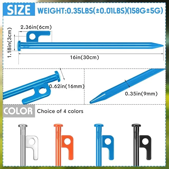 Blulu 24 Pcs 8/12/16 Inch Tent Stakes Heavy Duty Steel Metal Tent Pegs Unbreakable and Inflexible Metal Stakes Tent Spikes for Camping, Yard Decoration, Picnic, Tarp(Blue, 12 Inch)