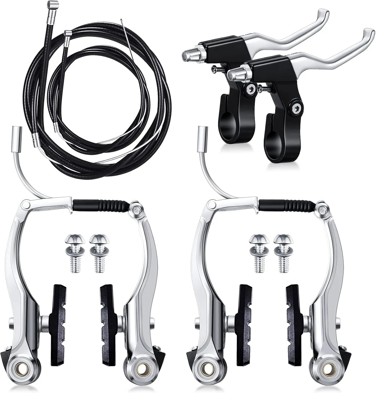 Boao Complete V-Type Bike Brake Set, Front and Rear Bike MTB Brake Inner and Outer Cables and Lever Kit Includes Calipers Levers Cables (Silver)