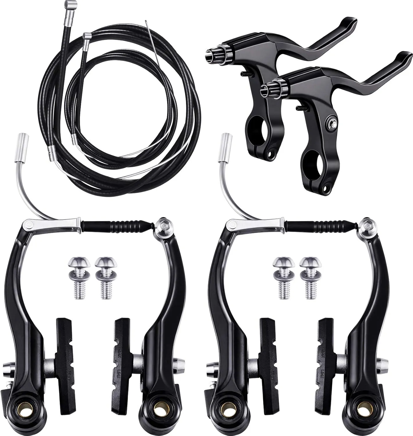 Boao Complete V-Type Bike Brake Set, Front and Rear Bike MTB Brake Inner and Outer Cables and Lever Kit Includes Calipers Levers Cables(Black)