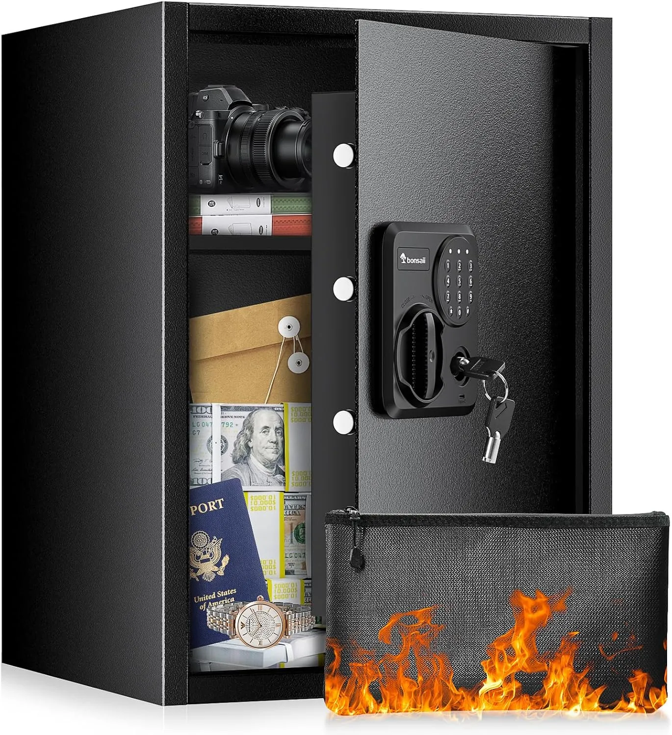 Bonsaii 1.8 Cubic Feet Security Home Safe with Digital Keypad & Fireproof Bag, Fire-Resistant Security Box for Jewelry, Cash, Guns | Fireproof Document Safe (14.2"x12.99"x19.7")