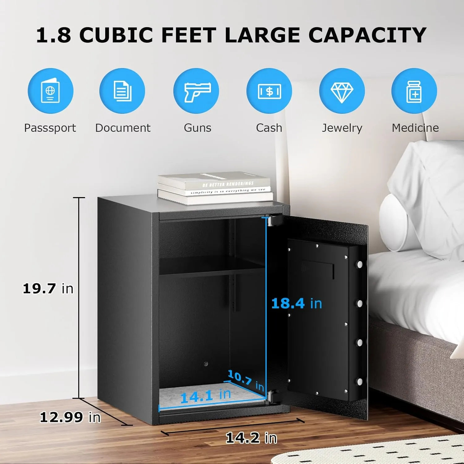 Bonsaii 1.8 Cubic Feet Security Home Safe with Digital Keypad & Fireproof Bag, Fire-Resistant Security Box for Jewelry, Cash, Guns | Fireproof Document Safe (14.2"x12.99"x19.7")