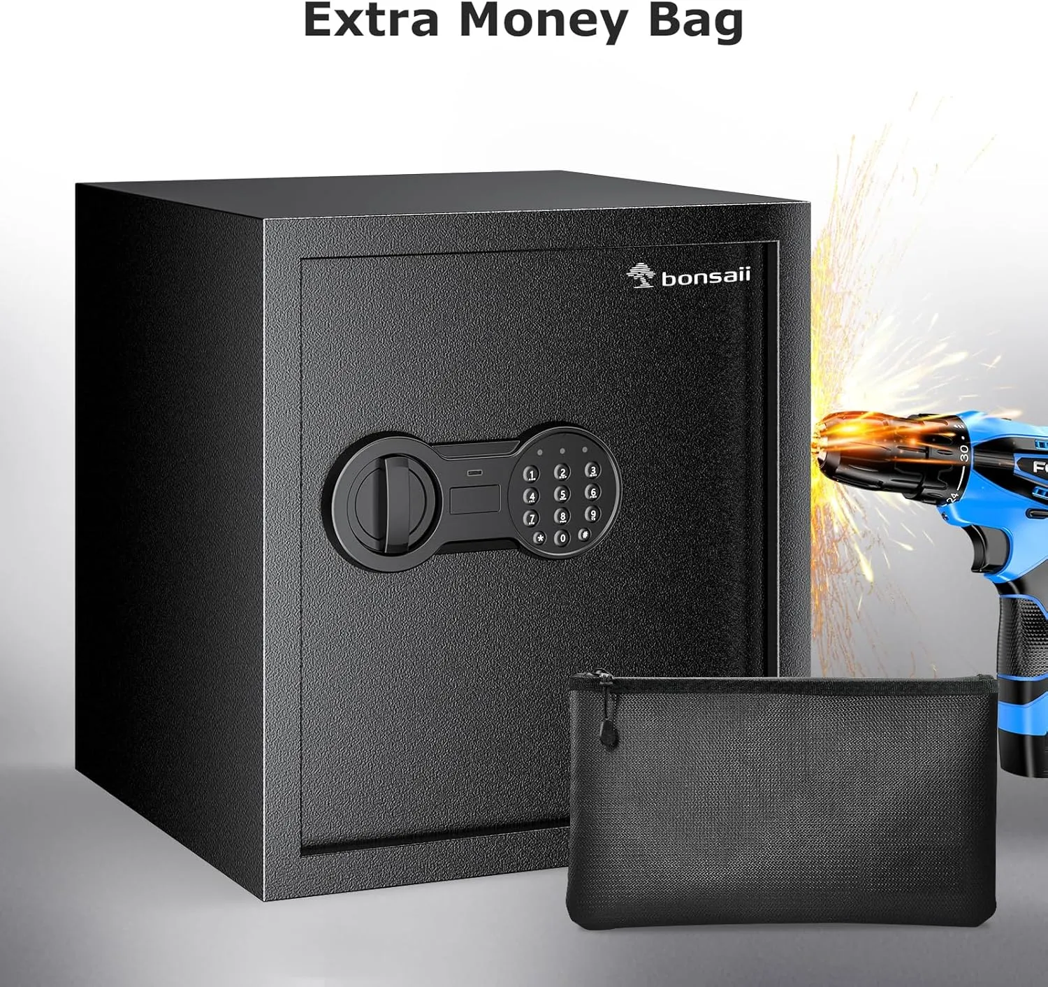 Bonsaii Security Safe Box with Money Bag, 1.28 Cubic Feet Large Document Safe Box for Home, Digital Keypad Lock, Removable Shelf for Money, Medicine, Valuables, 12.99 x 14.17 x 12.99 Inches