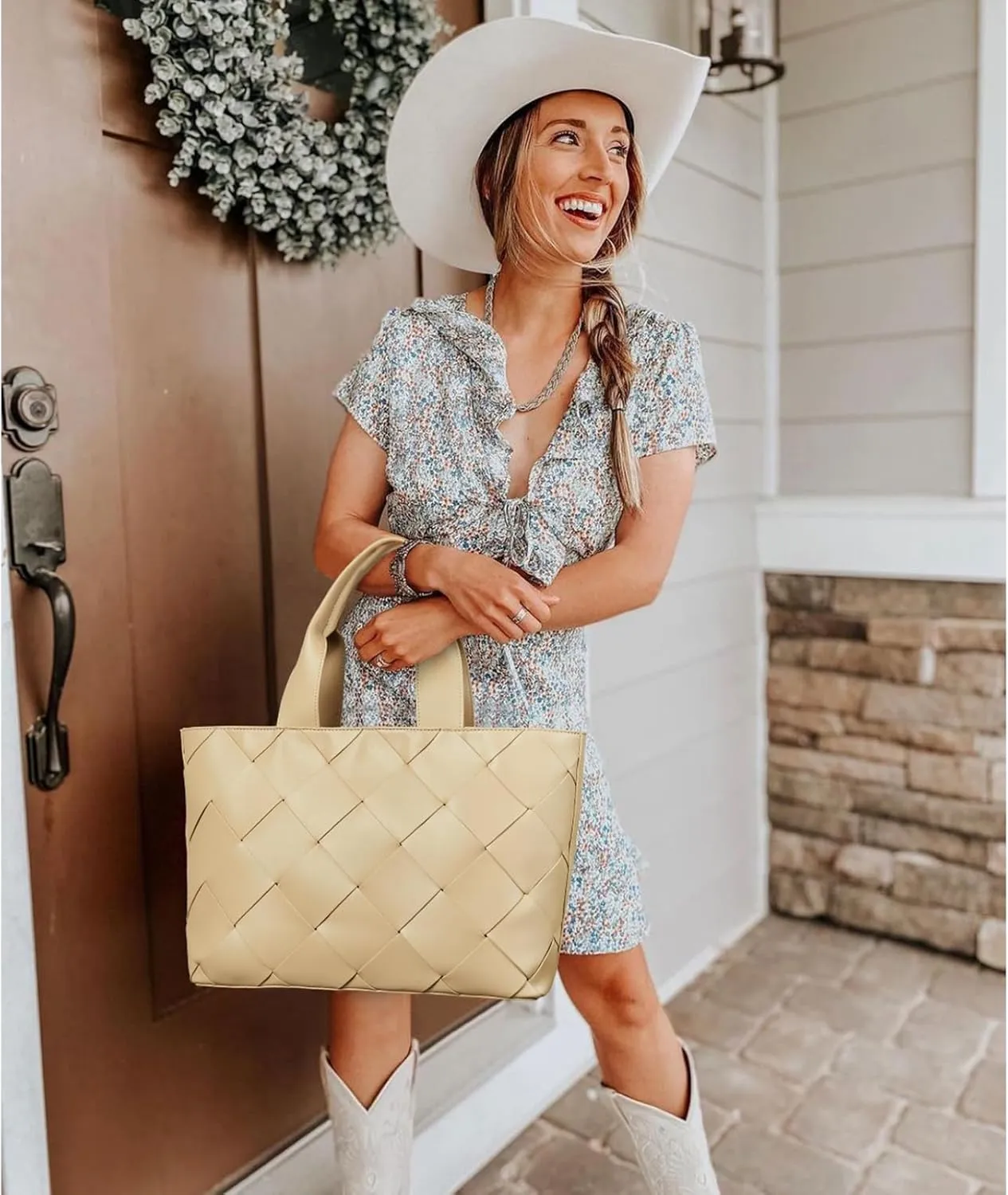 BOSTANTEN Woven Tote Bag for Women Top Handle Purses and Handbags Shoulder Crossbody Purse With Zipper