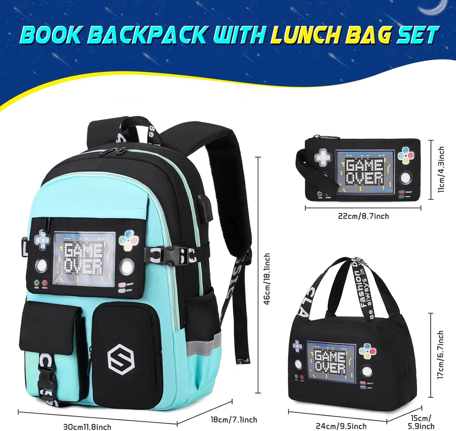 Boys Backpack, Cool Luminous School Backpacks for Boys with Lunch Bag Pencil Case, Kids Backpack Kindergarten Elementary Middle School Book Bags for Teen Boys Children with USB Charging Port