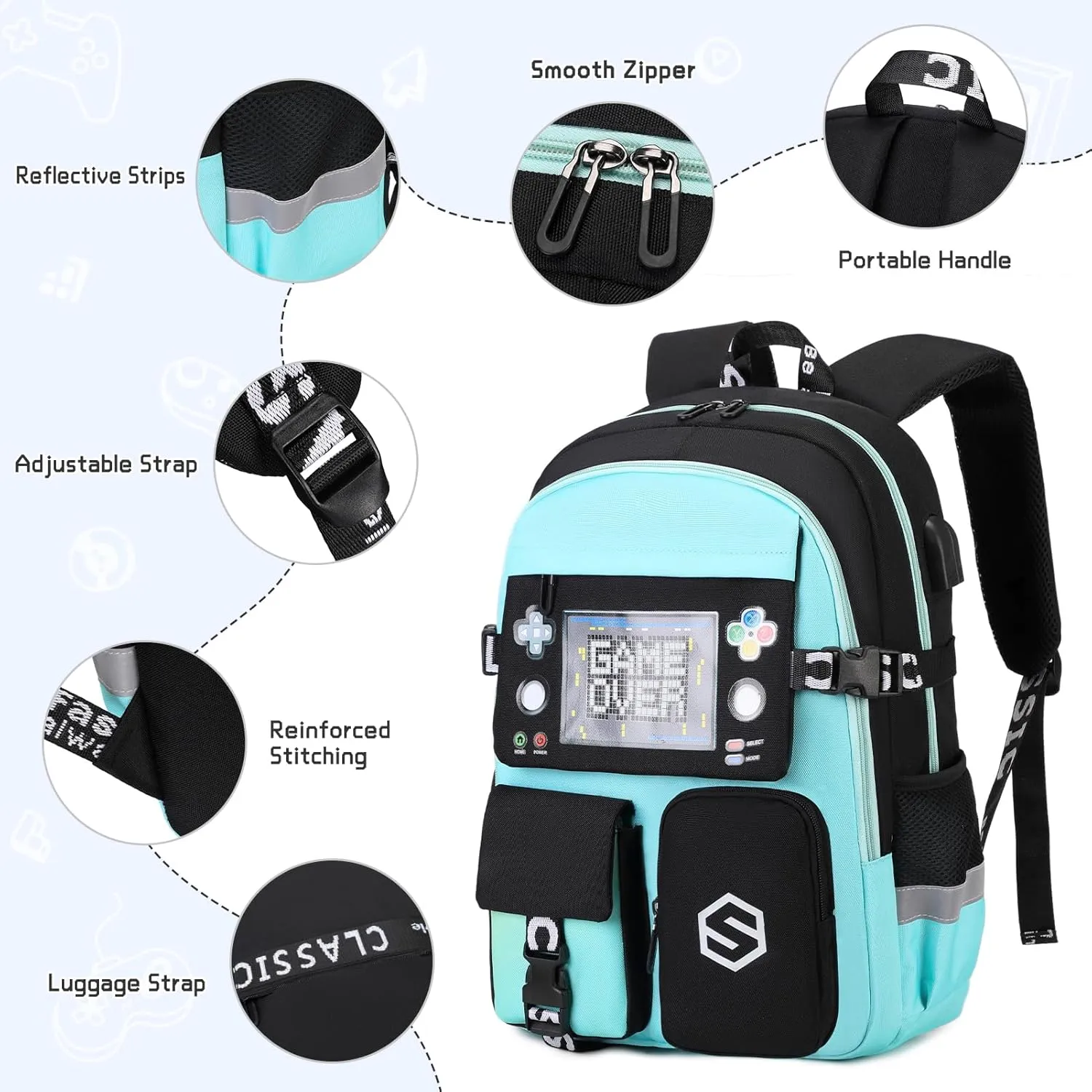 Boys Backpack, Cool Luminous School Backpacks for Boys with Lunch Bag Pencil Case, Kids Backpack Kindergarten Elementary Middle School Book Bags for Teen Boys Children with USB Charging Port