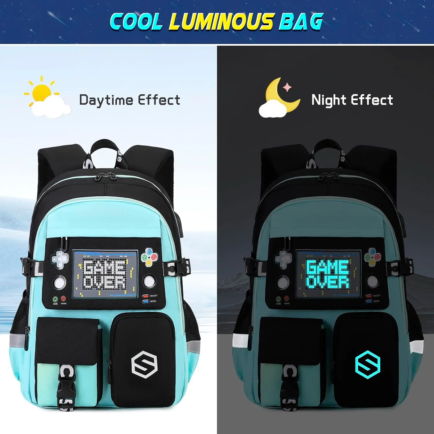Boys Backpack, Cool Luminous School Backpacks for Boys with Lunch Bag Pencil Case, Kids Backpack Kindergarten Elementary Middle School Book Bags for Teen Boys Children with USB Charging Port