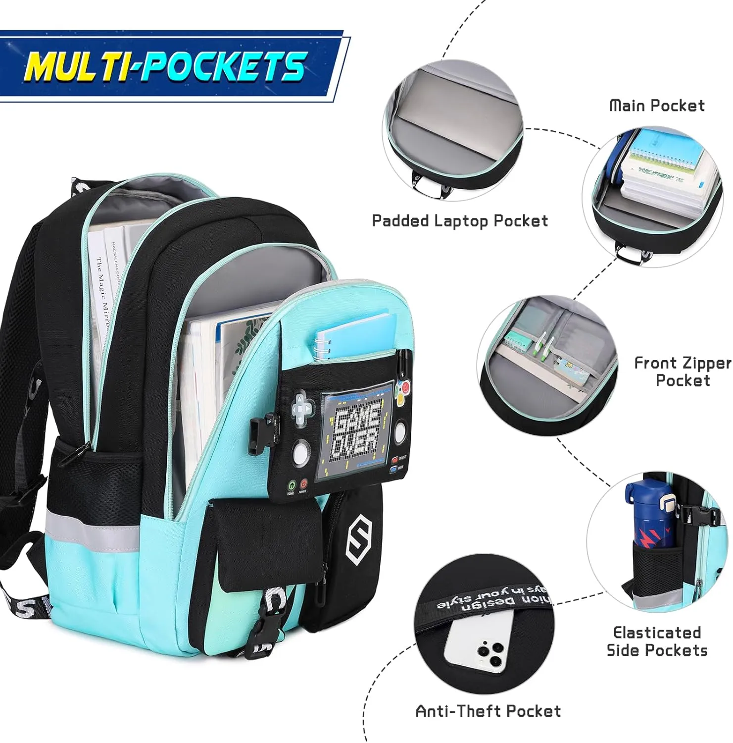 Boys Backpack, Cool Luminous School Backpacks for Boys with Lunch Bag Pencil Case, Kids Backpack Kindergarten Elementary Middle School Book Bags for Teen Boys Children with USB Charging Port