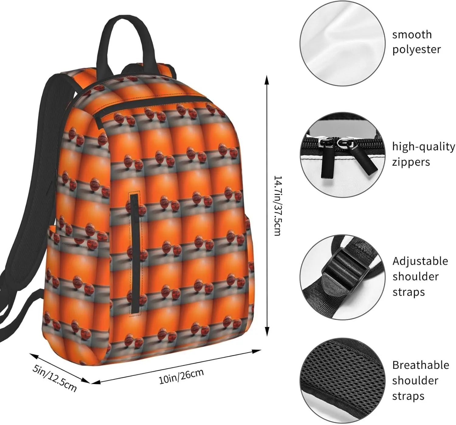 BREAUX Basketball Orange Print Simple And Lightweight Leisure Backpack, Men'S And Women'S Fashionable Travel Backpack