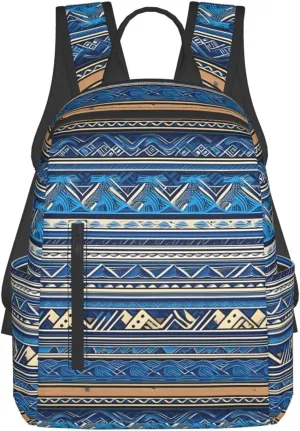 BREAUX Blue Polynesian Maori Tribal Print Lightweight Backpack Travel Shoulder Bag Laptop Backpack High Density Twill Composite Fabric