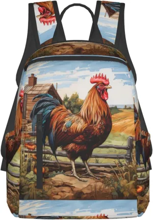 BREAUX Rooster on Wood in Farmland Lightweight Backpack Travel Shoulder Bag Laptop Backpack High Density Twill Composite Fabric