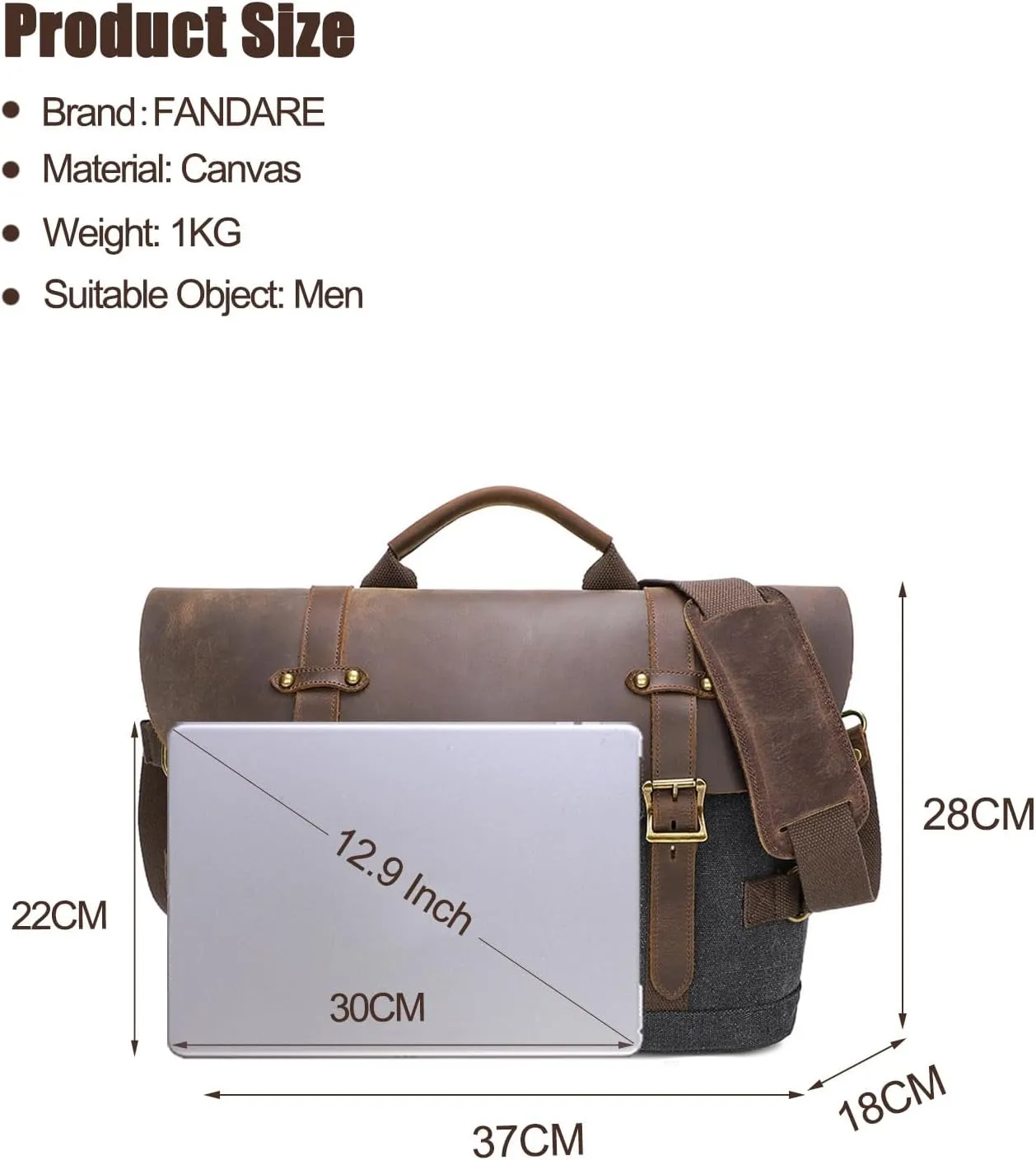 Briefcase for men Men's Messenger Bag Large Laptop Bag Waxed Canvas Briefcase Men's Shoulder Bags Laptop Work Document Bag for Work Travel Daily Use Multiple Pocket Dark Gray
