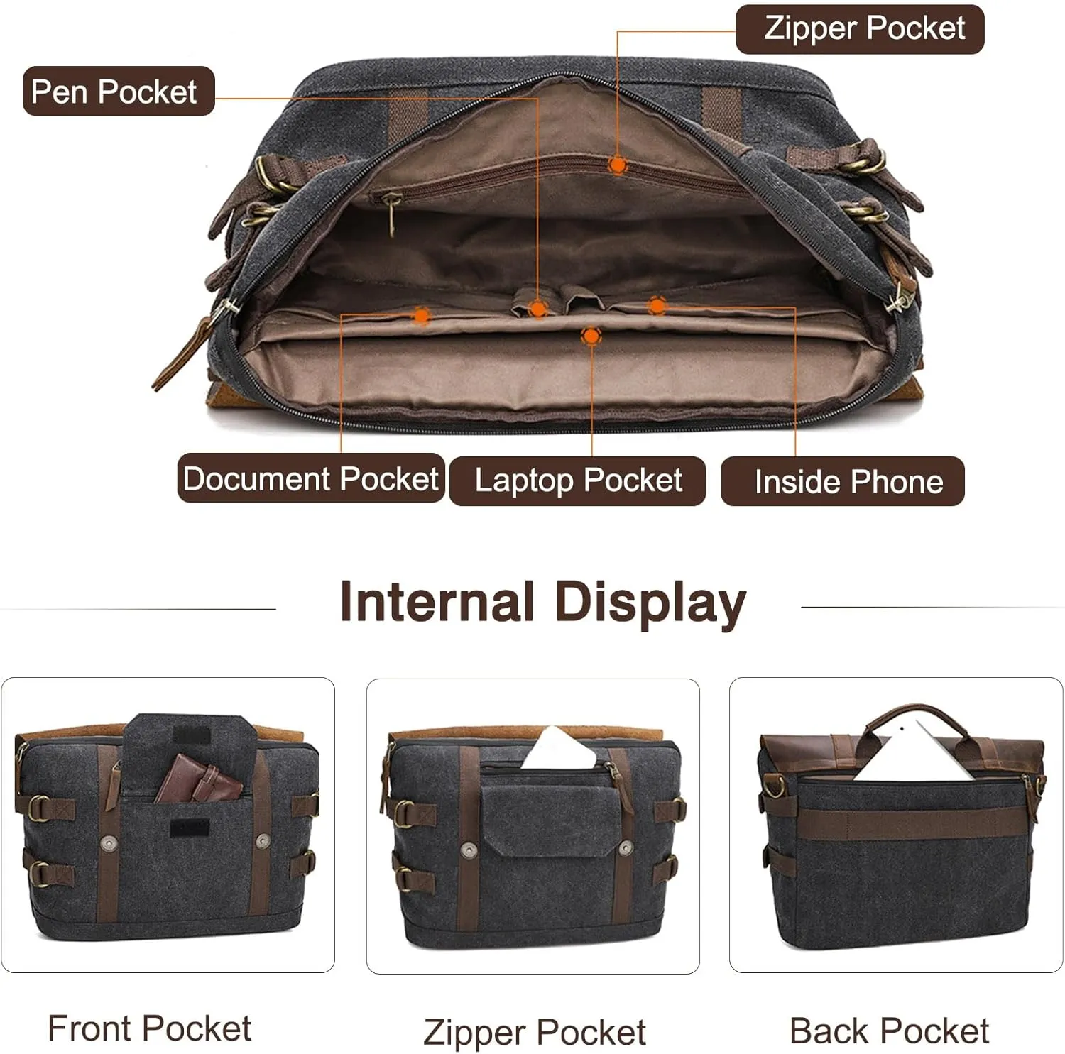 Briefcase for men Men's Messenger Bag Large Laptop Bag Waxed Canvas Briefcase Men's Shoulder Bags Laptop Work Document Bag for Work Travel Daily Use Multiple Pocket Dark Gray