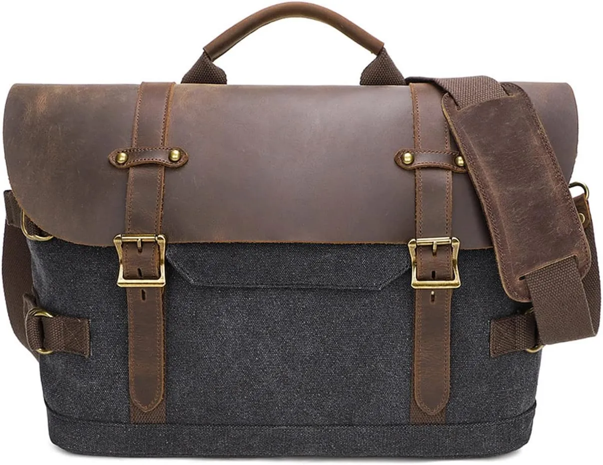 Briefcase for men Men's Messenger Bag Large Laptop Bag Waxed Canvas Briefcase Men's Shoulder Bags Laptop Work Document Bag for Work Travel Daily Use Multiple Pocket Dark Gray