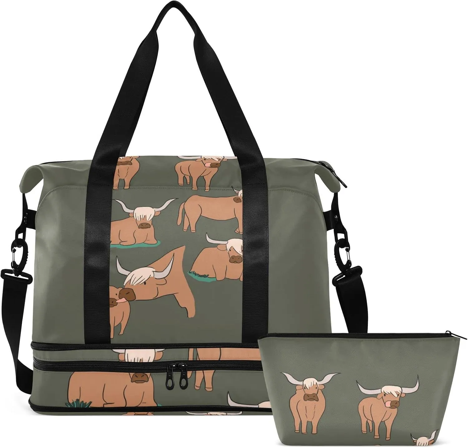 Brown Highland Cows Collection Scottish Breed on Dark Green Gym Duffel Bag, Polyester Travel Weekender Luggage Handbag with Waterproof Pocket for Wet Items, Unisex Foldable Tote for Sports