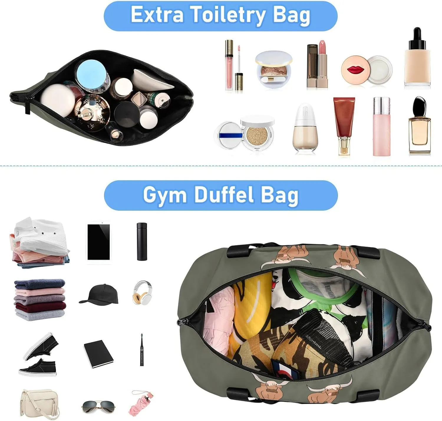 Brown Highland Cows Collection Scottish Breed on Dark Green Gym Duffel Bag, Polyester Travel Weekender Luggage Handbag with Waterproof Pocket for Wet Items, Unisex Foldable Tote for Sports