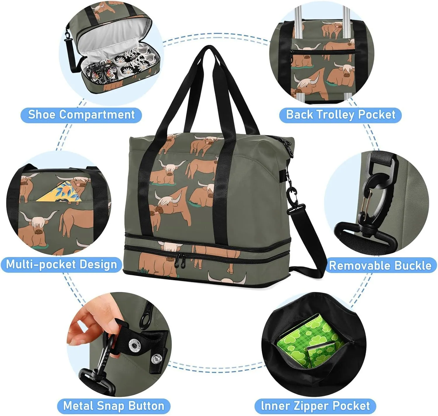 Brown Highland Cows Collection Scottish Breed on Dark Green Gym Duffel Bag, Polyester Travel Weekender Luggage Handbag with Waterproof Pocket for Wet Items, Unisex Foldable Tote for Sports