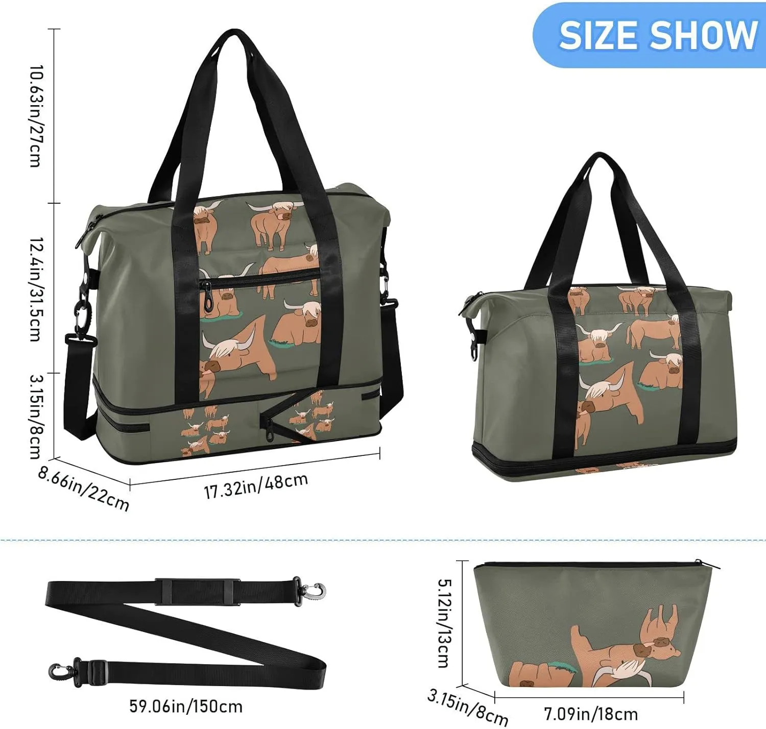 Brown Highland Cows Collection Scottish Breed on Dark Green Gym Duffel Bag, Polyester Travel Weekender Luggage Handbag with Waterproof Pocket for Wet Items, Unisex Foldable Tote for Sports