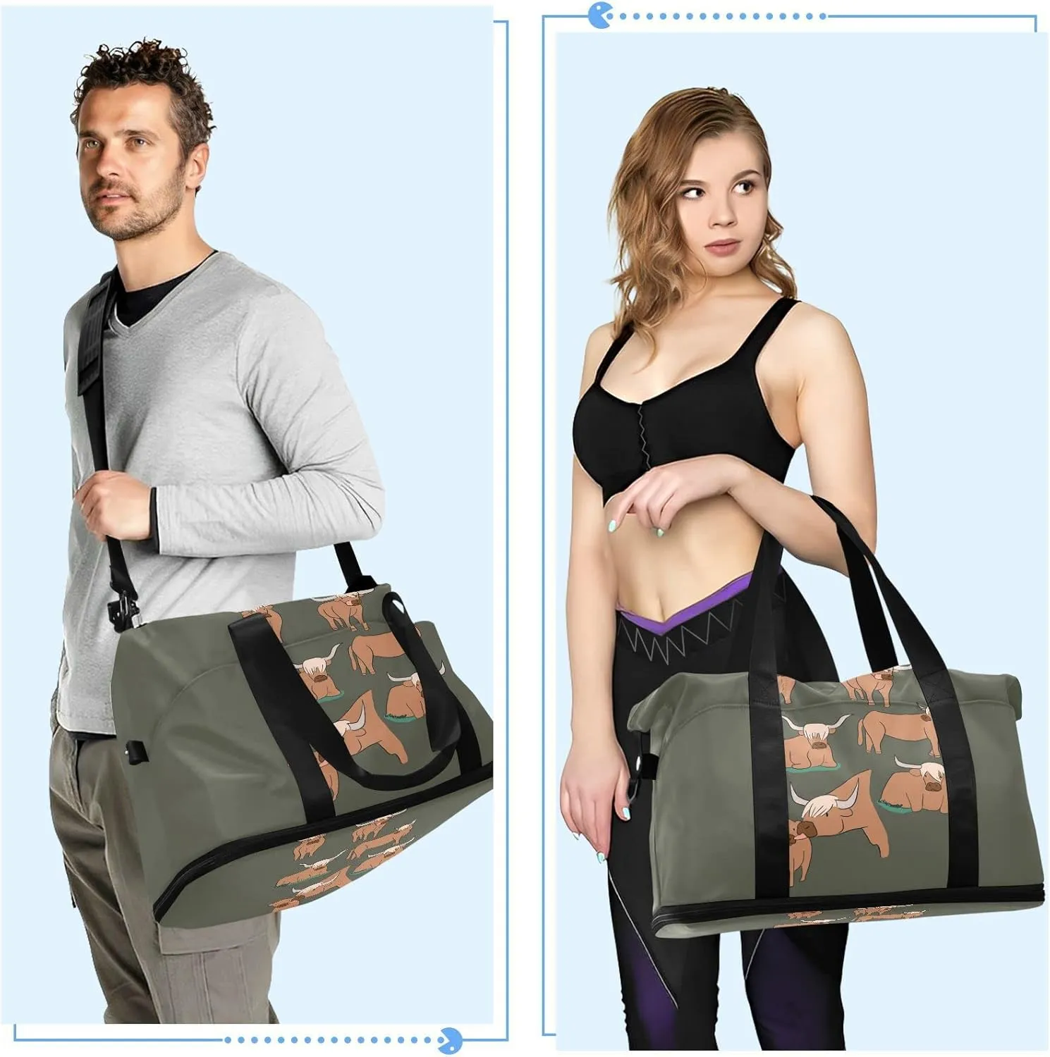 Brown Highland Cows Collection Scottish Breed on Dark Green Gym Duffel Bag, Polyester Travel Weekender Luggage Handbag with Waterproof Pocket for Wet Items, Unisex Foldable Tote for Sports