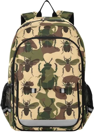 Camouflage Background and Beetles Backpack for Boys Girls Elementary School Bag Kids Bookbag Travel Rucksack With Reflective Stripes