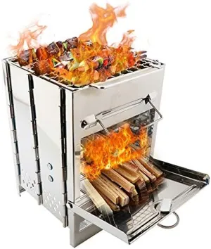 Camping Wood Stove Folding Stainless Steel Stove Grill Portable Backpacking Stove Alcohol Burn Stove with BBQ Grill Storage Bag