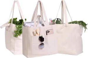 Canvas Grocery Shopping Bags 3pc XL Set, Reusable Grocery Tote bags with Dual-Strap Design, 6 2 Pockets Cloth Canvas Bag Washable Foldable, Heavy Duty