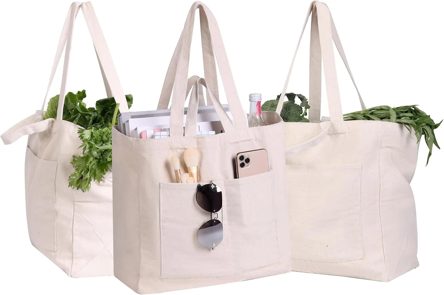 Canvas Grocery Shopping Bags 3pc XL Set, Reusable Grocery Tote bags with Dual-Strap Design, 6 2 Pockets Cloth Canvas Bag Washable Foldable, Heavy Duty