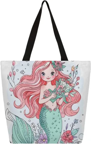 Canvas Tote Bag Mermaid and Flowers Large Women Reusable Grocery Bag Casual Shoulder Bag Handbag, Marine Mermaid Multipurpose Heavy Duty Shopping Grocery Bag Beach Bag Outdoor