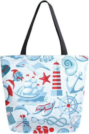 Canvas Tote Bag Nautical Marine Lighthouse Women Shoulder Bag Summer Sailing Boat Fishes Reusable Grocery Bags Large Handbag Travel Shopping Bag for School Nursing Gift Outdoors