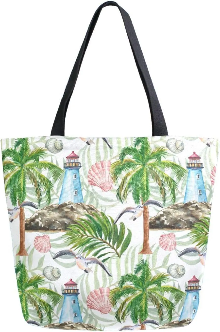 Canvas Tote Bag Nautical Marine Lighthouse Women Shoulder Bag Summer Seashells Palm Tree Reusable Grocery Bags Large Handbag Travel Shopping Bag for School Nursing Gift Outdoors