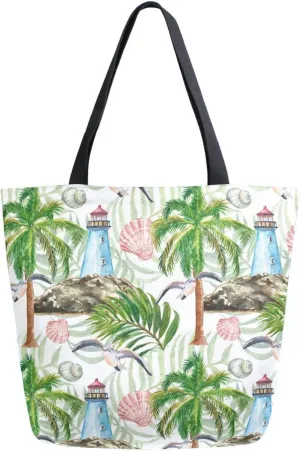 Canvas Tote Bag Nautical Marine Lighthouse Women Shoulder Bag Summer Seashells Palm Tree Reusable Grocery Bags Large Handbag Travel Shopping Bag for School Nursing Gift Outdoors