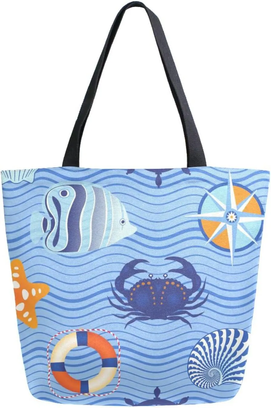 Canvas Tote Bag Summer Fishes Seashells Women Shoulder Bag Marine Nautical Reusable Grocery Bags Large Handbag Travel Shopping Bag for School Nursing Gift Outdoors