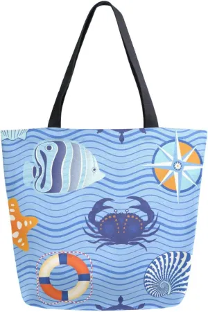 Canvas Tote Bag Summer Fishes Seashells Women Shoulder Bag Marine Nautical Reusable Grocery Bags Large Handbag Travel Shopping Bag for School Nursing Gift Outdoors
