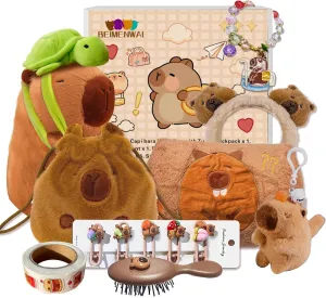 Capibara Plush Gifts for Girls 4 5 6 7 8 9 10  Years Old, Kids Cute Capibara Toys with Stuffed Animal/Keychain/Bag/Bath Towel/Hair Pins/Bracelet/Headband, Christmas Birthday Plush Toys Set